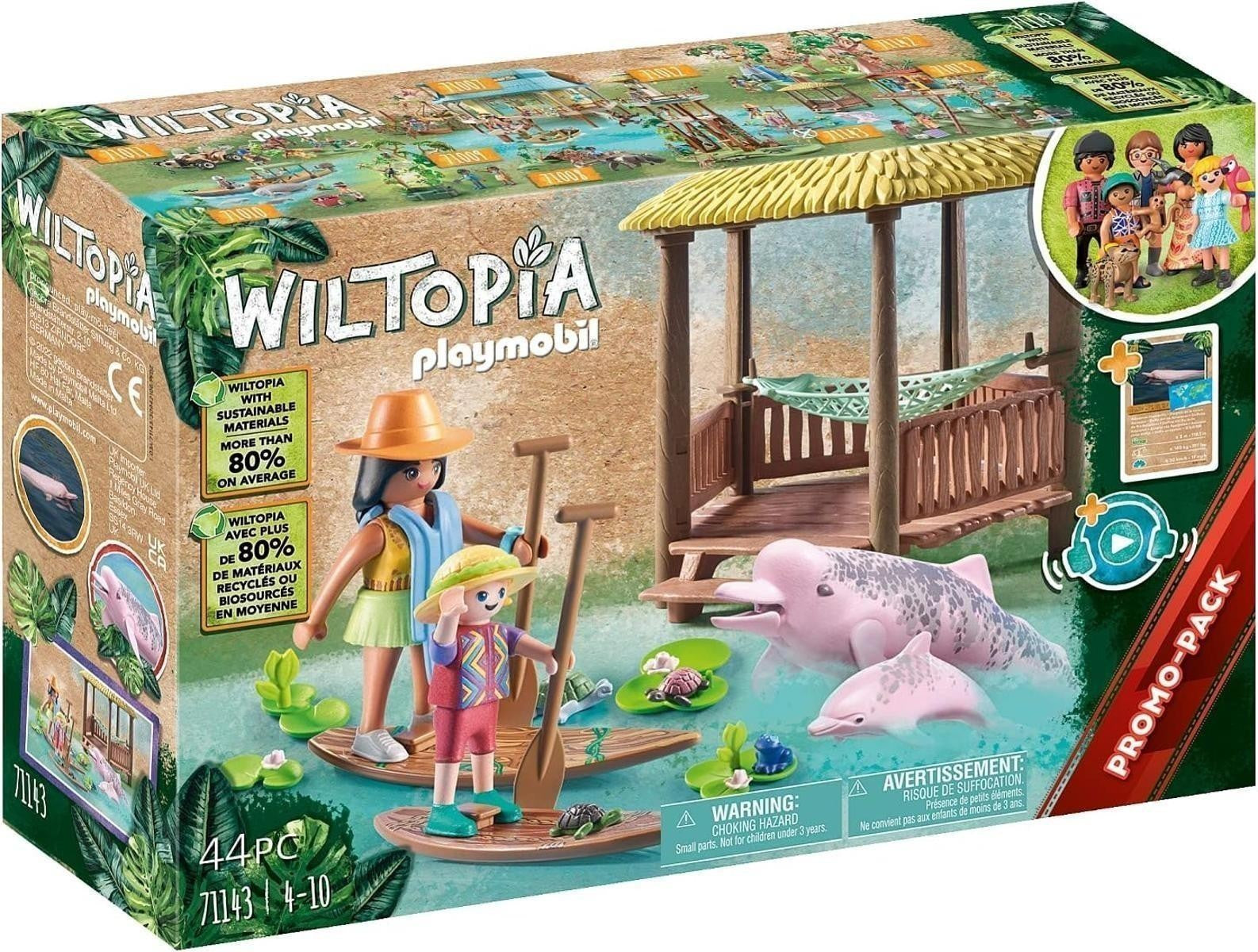 PLAYMOBIL Wiltopia 71143 Paddeltour mit den Flussdelfinen, Inkl. Strandhütte mit Hängematte, Wildlife Expedition für die kleinen Hobbyforscher, Nachhaltiges Spielzeug für Kinder ab 4 Jahren