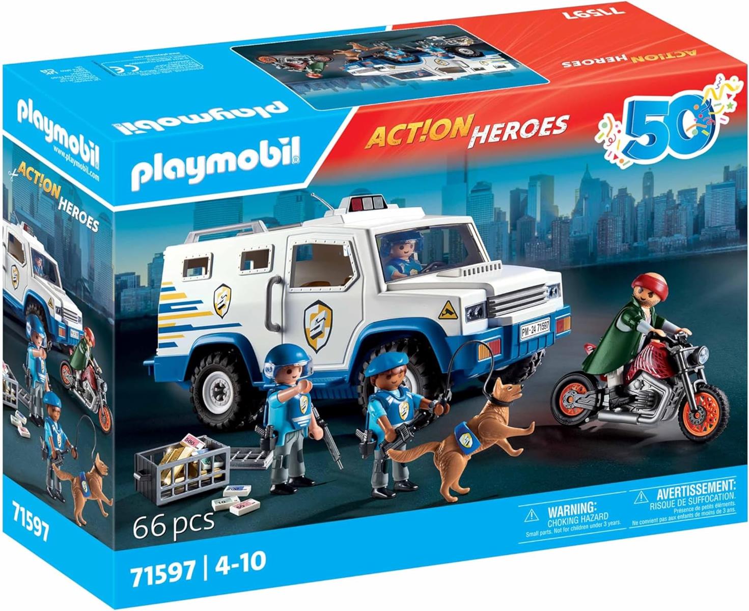 PLAYMOBIL Action Heroes 71597 Geldtransporter, spannende Ganovenjagd, inklusive DREI Polizisten, einem Ganoven auf einem Motorrad und einem Polizeihund, actionreiches Spielzeug für Kinder ab 4 Jahren