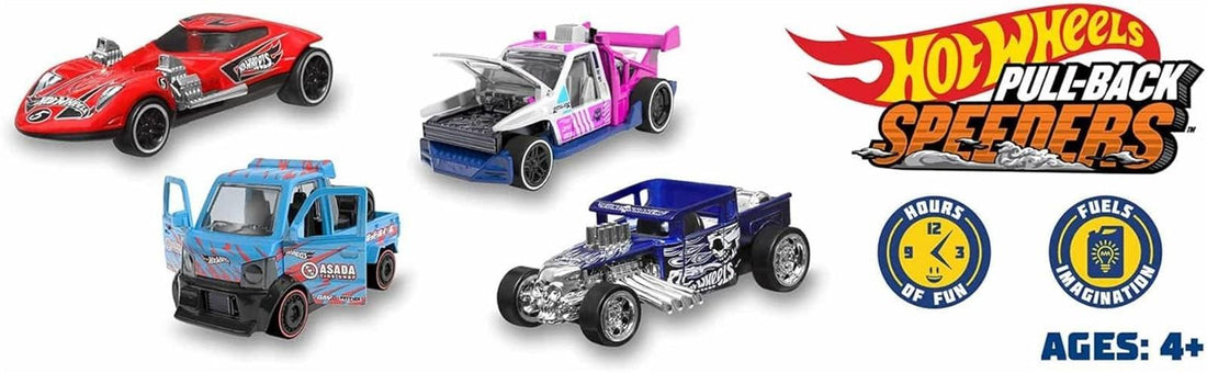 Hot Wheels Pull-Back Speeders Spielzeugauto im Maßstab 1:43, Auto zum Zurückziehen und Loslassen, mit Rolomatic-Motor oder Tür, Kofferraum oder Motorhaube zum Öffnen, Modelle können variieren, HPR70