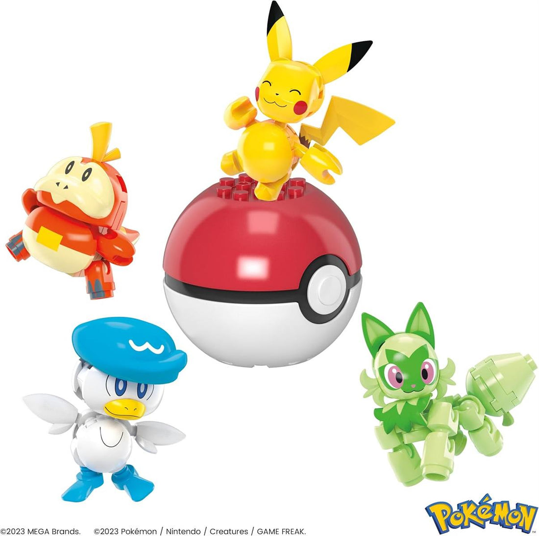 MEGA POKÉMON Paldea-Region - Pikachu und die ersten Partner-Pokémon Felori, Krokel und Kwaks, Zusammenbaubares und bewegliches Set mit 4 Figuren und 1 Pokéball zum Ausstellen, HPX92