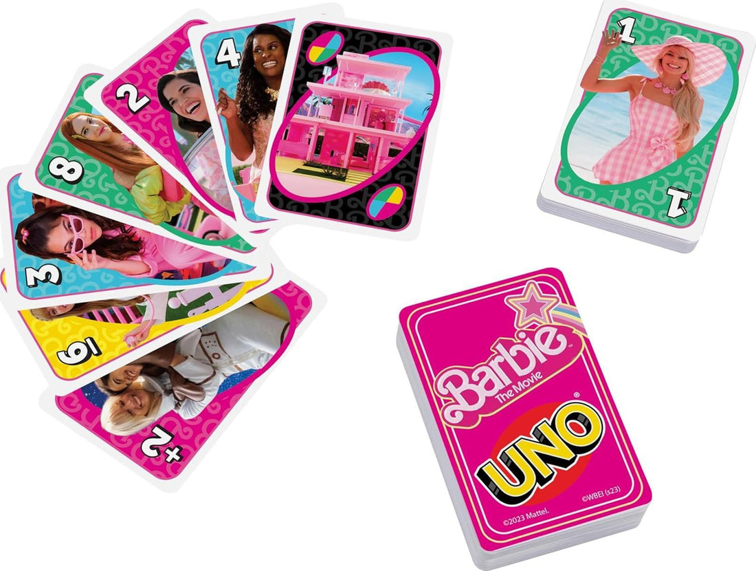 Barbie The Movie - UNO Kartenspiel für Filme Fans mit Lieblingscharakteren und unvergesslichen Szenen, Sonderregel Zu viel gespielt, für 2-10 Spieler ab 7 Jahren, HPY59