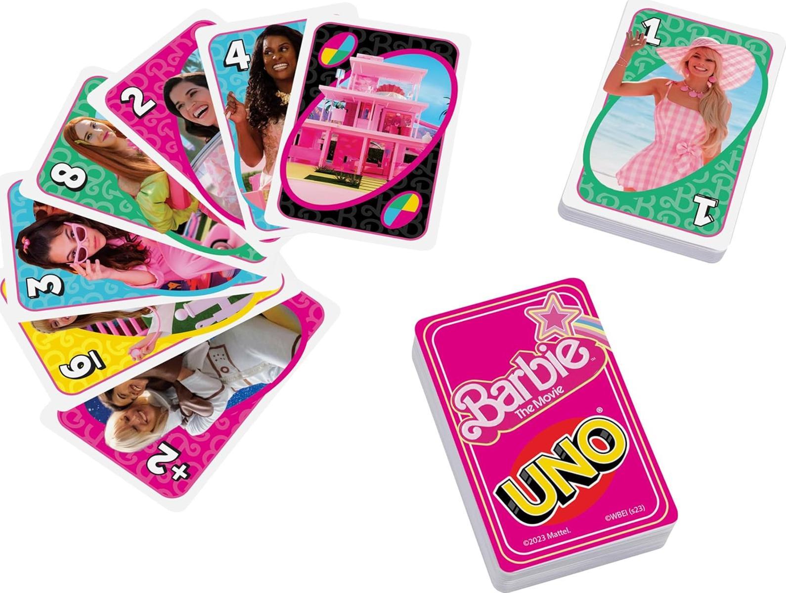 Barbie The Movie - UNO Kartenspiel für Filme Fans mit Lieblingscharakteren und unvergesslichen Szenen, Sonderregel Zu viel gespielt, für 2-10 Spieler ab 7 Jahren, HPY59