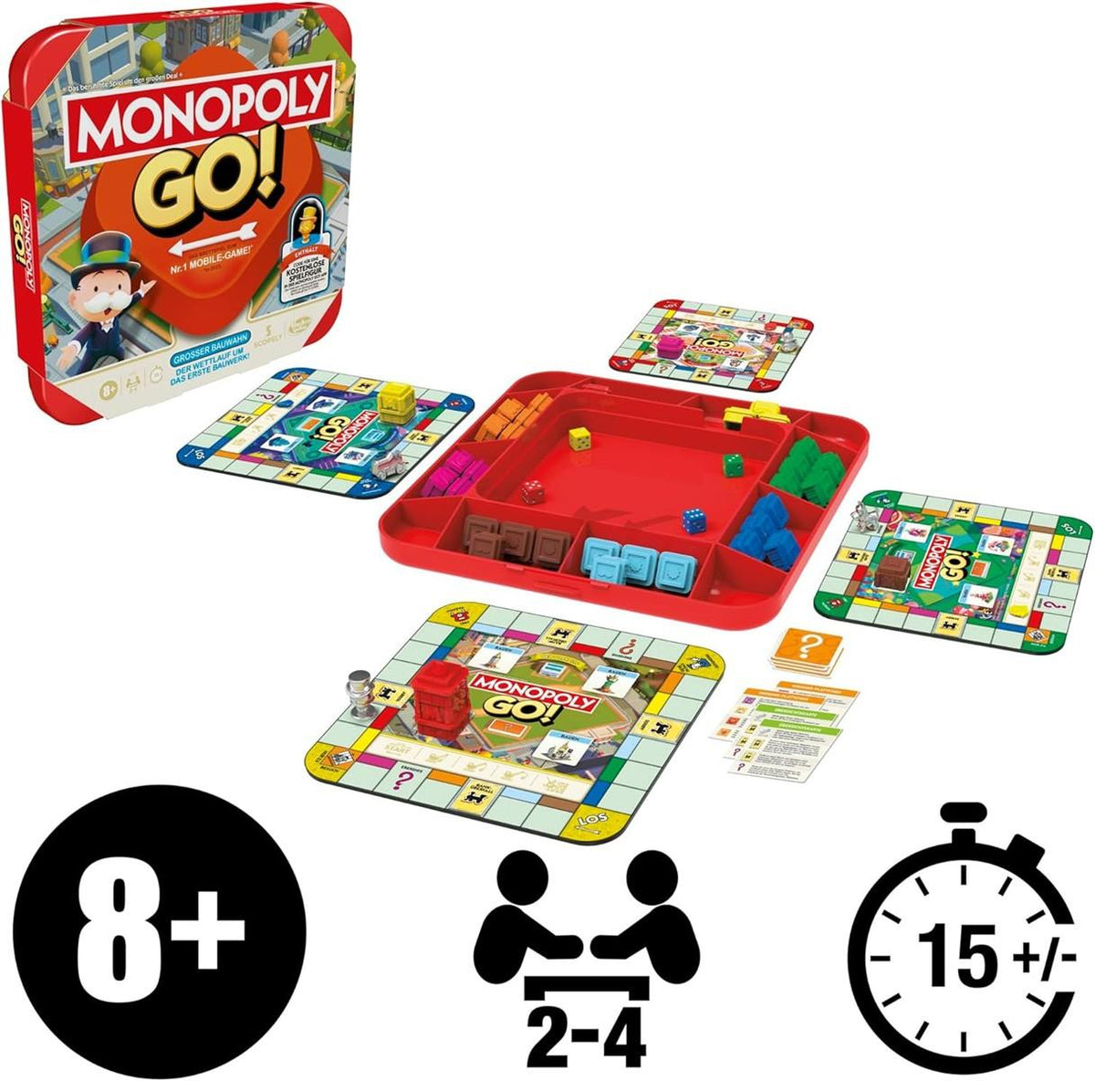 Monopoly GO! Brettspiel - Deutsche Version, Spiel zur beliebten Online-Version, schnelles Strategiespiel für die ganze Familie, lustige für 2 bis 4 Spieler