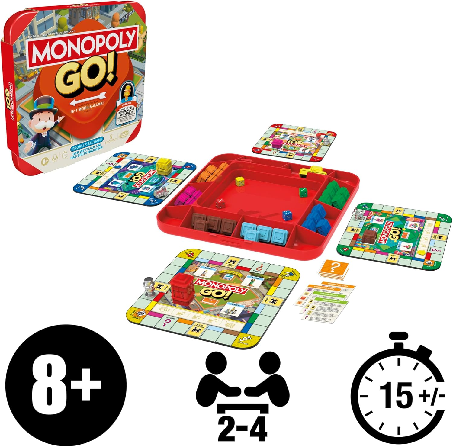 Monopoly GO! Brettspiel - Deutsche Version, Spiel zur beliebten Online-Version, schnelles Strategiespiel für die ganze Familie, lustige für 2 bis 4 Spieler
