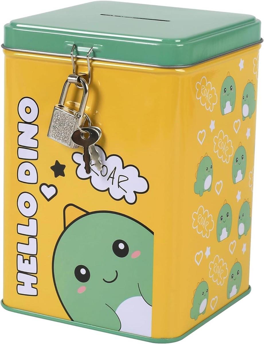 I-TOTAL® Spardose mit Vorhängeschloss Schlüssel Sparbüchse aus Metall Hello Dino