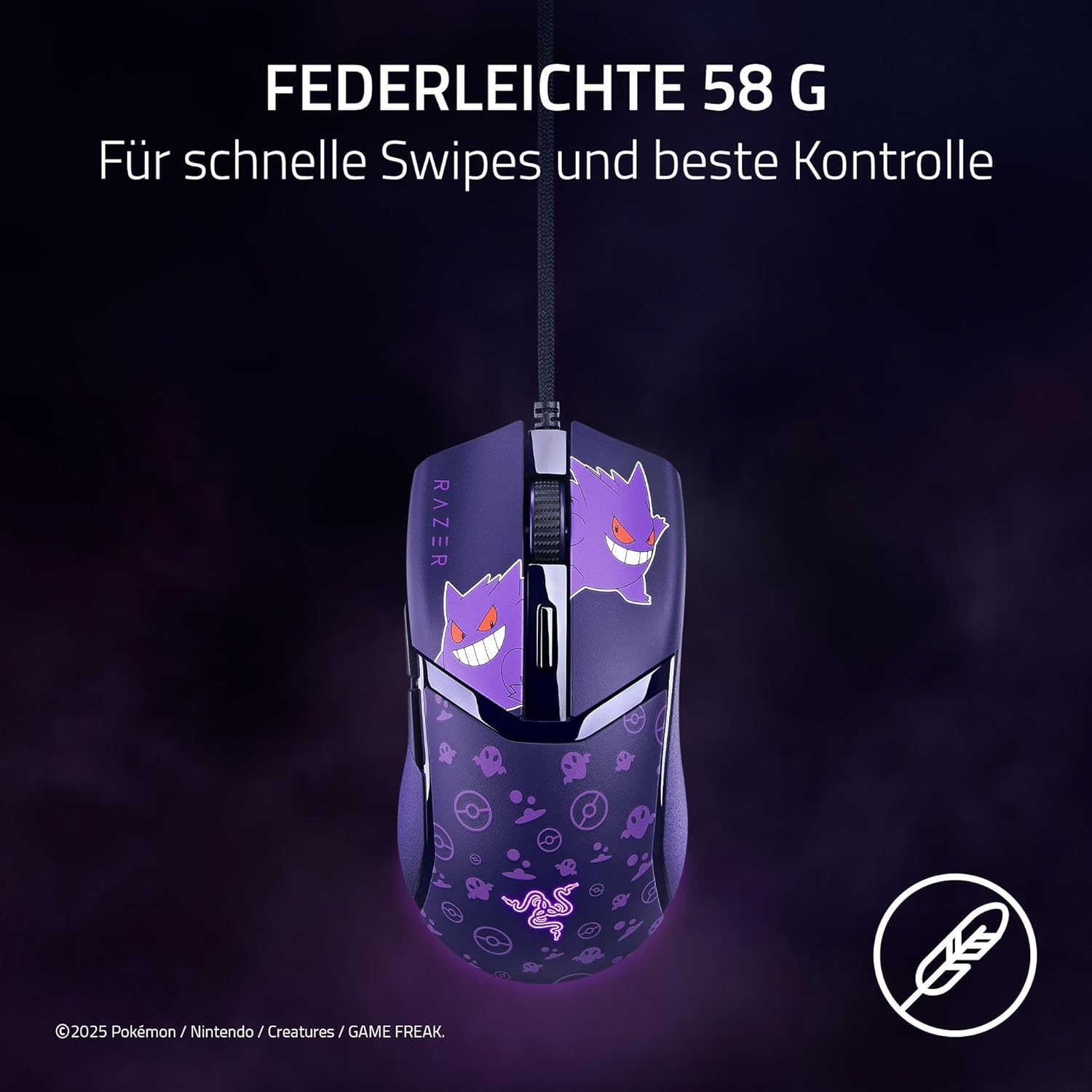 Razer Cobra Gengar Edition - Leichte kabelgebundene Gaming-Maus - 8500 DPI Sensor - 58g - optische Mausschalter 3th Gen - Chroma-Beleuchtung - Speedflex-Kabel - PC/MAC | Pokémon Gengar