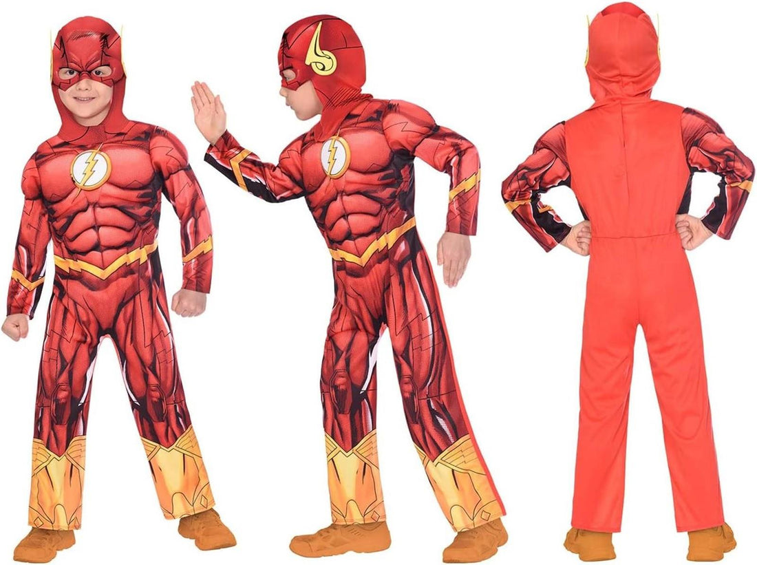 Amscan - Kinderkostüm The Flash, bedruckter Overall mit Kopfbedeckung, DC Super Heroes, Motto-Party, Karneval Größe 104