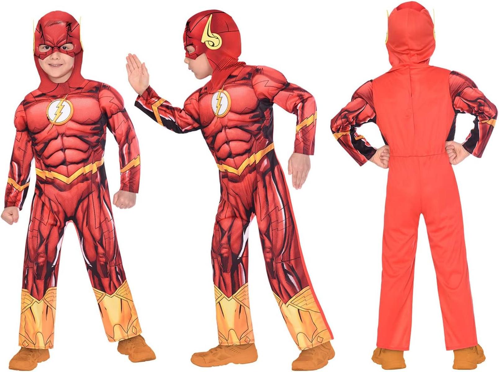 Amscan - Kinderkostüm The Flash, bedruckter Overall mit Kopfbedeckung, 100 % recycelte Materialien, Serie, DC Super Heroes, Motto-Party, Karneval Größe 104