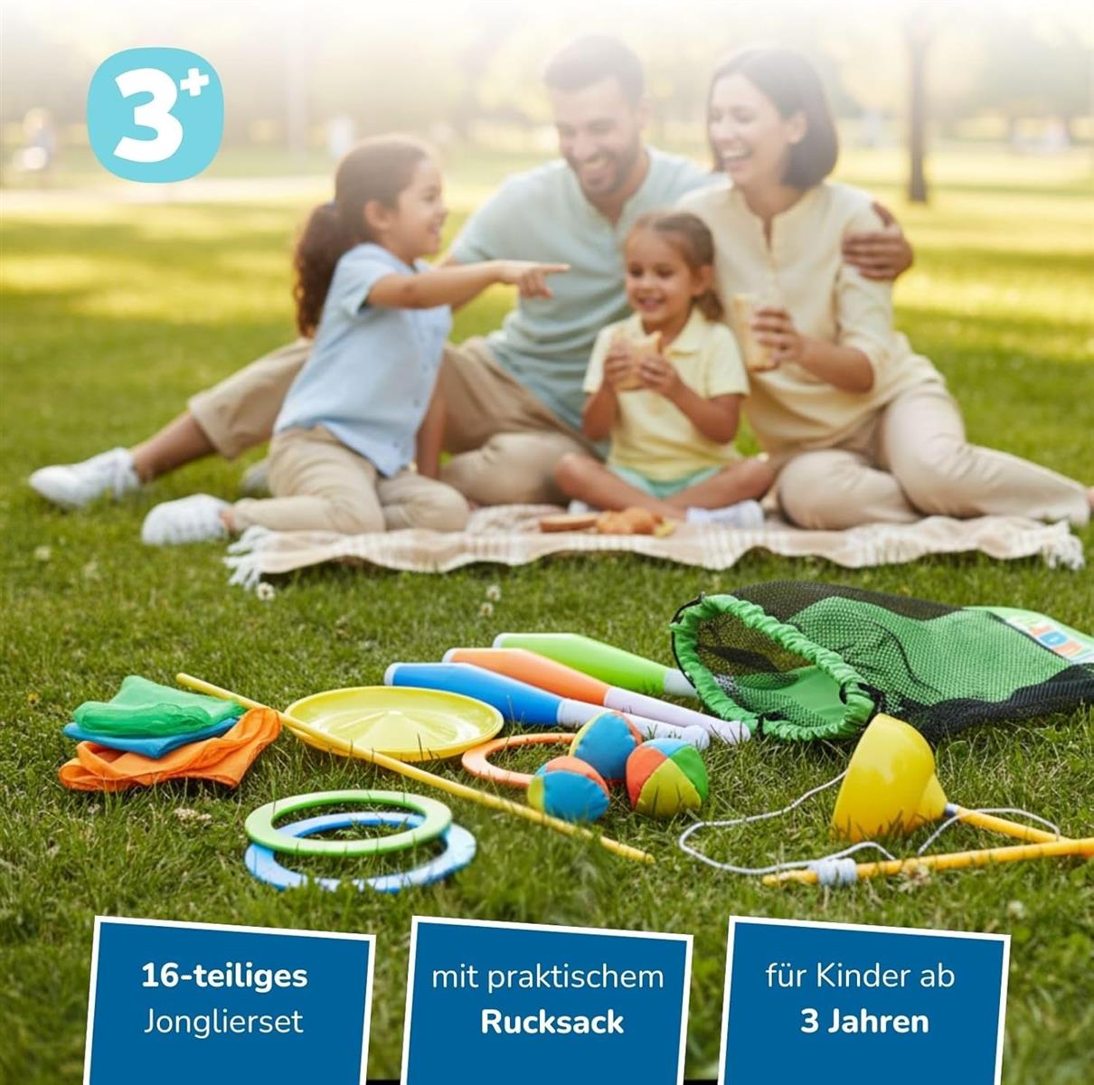 alldoro 60130 Jonglier-Set 16-tlg., inkl. Jonglierbälle, Tücher, Ringe, Keulen, Diabolo & Teller im Netzrucksack, für Kinder ab 3 Jahren & Einsteiger