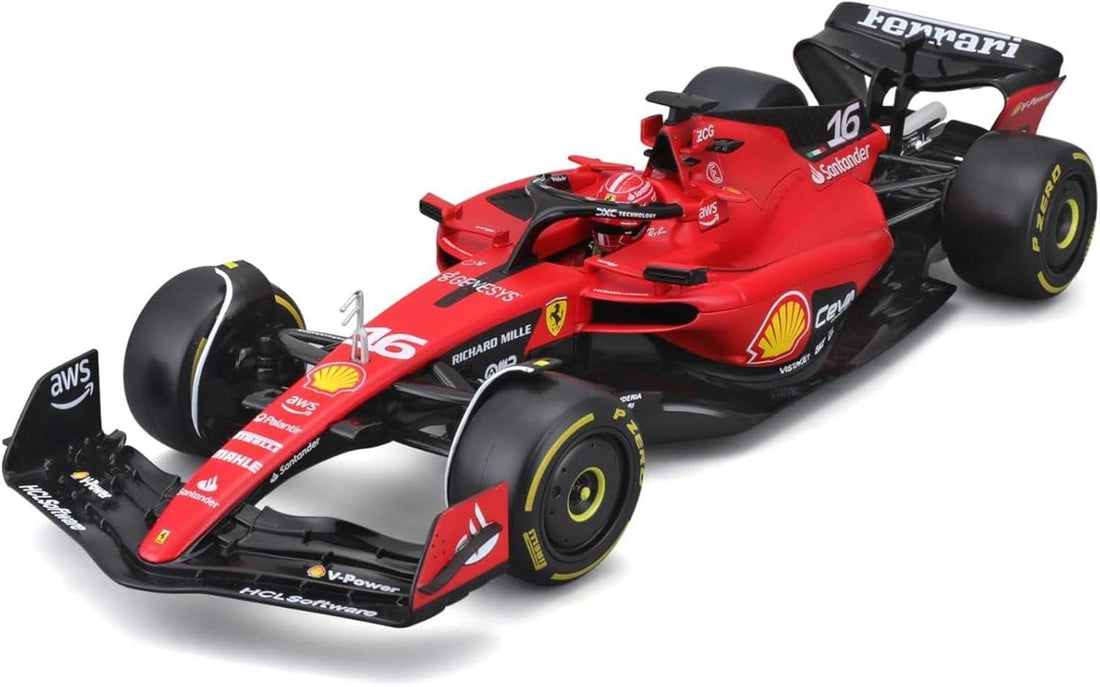Bburago Formel 1 Ferrari SF-23 (2023: Modellauto Maßstab 1:24 von Fahrer #16 Charles Leclerc Hardcase 26 cm rot (18-26808L)