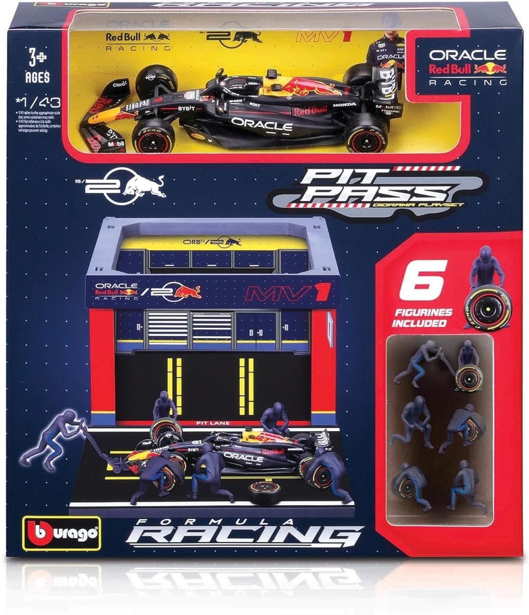 Bburago - Pit Stop Red Bull RB20 2024#1 Verstappen, Spielset mit Diorama, 1:43 und 6 Mechanikern, Detailgetreu, Red Bull-Lizenz, Alter 3+