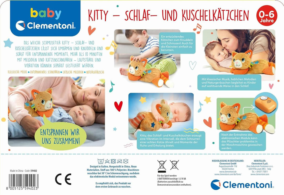 Clementoni Baby Kitty - Schlaf- und Kuschelkätzchen - Schnurrendes Plüsch-Kuscheltier zur Beruhigung für Babys ab der Geburt 59402