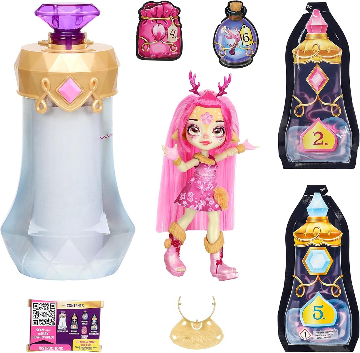 Magic Mixies Pixlings Puppe Deerlee im REH-Look: Magische Enthüllung der wunderschönen, detailreichen 16,5 cm großen Pixlings-Puppe in Einer Zaubertrank-Flasche