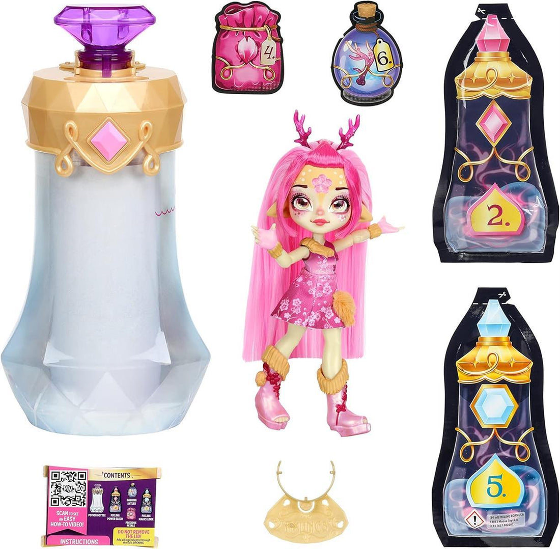 Magic Mixies Pixlings Puppe Deerlee im REH-Look: Magische Enthüllung der wunderschönen, detailreichen 16,5 cm großen Pixlings-Puppe in Einer Zaubertrank-Flasche