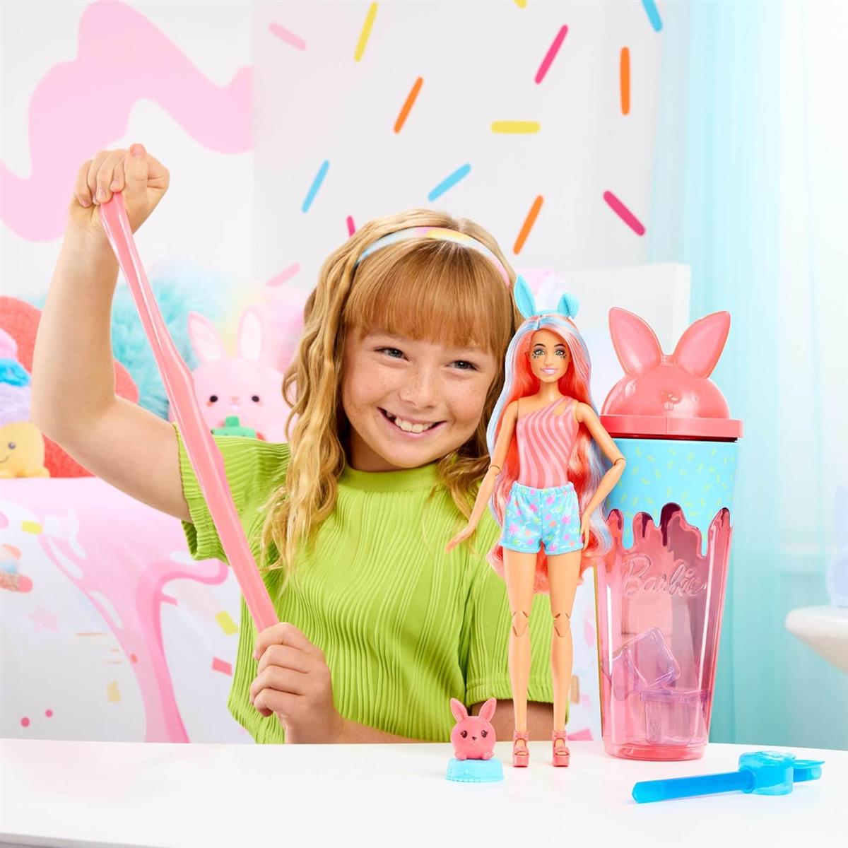Barbie Pop-Reveal-Set aus Puppe und Accessoires, Shakes-Serie, duftende süße Kätzchen-Modepuppe & Haustier, mit 8 Überraschungen inklusive Farbwechsel, JCN87