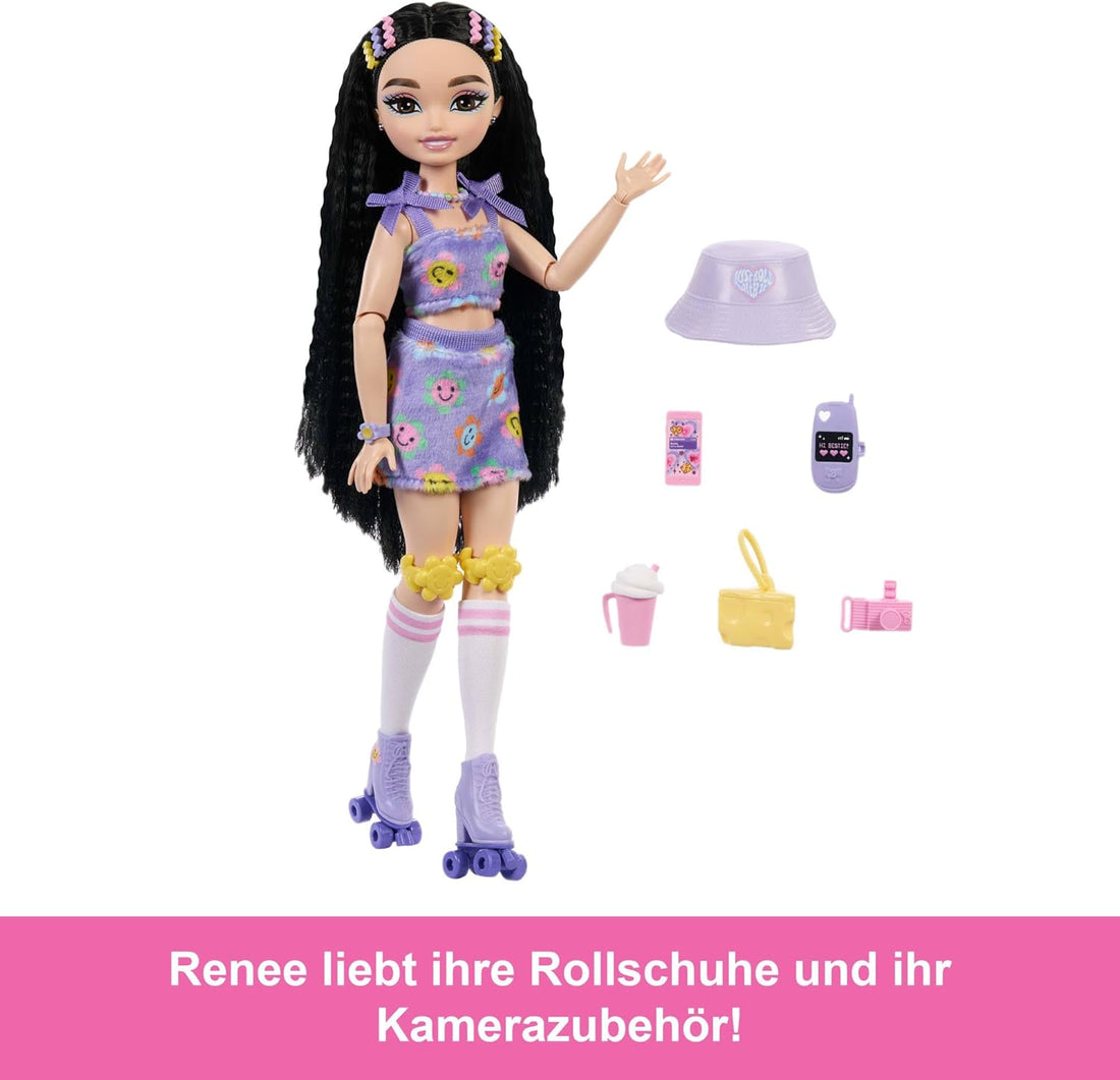 Barbie Dream Besties Puppe und Accessoires, bewegliche Barbie Renee Rollschuh-Modepuppe mit schwarzem Haar, 12 Zubehörteile zum Thema Video und Essen, JFX99