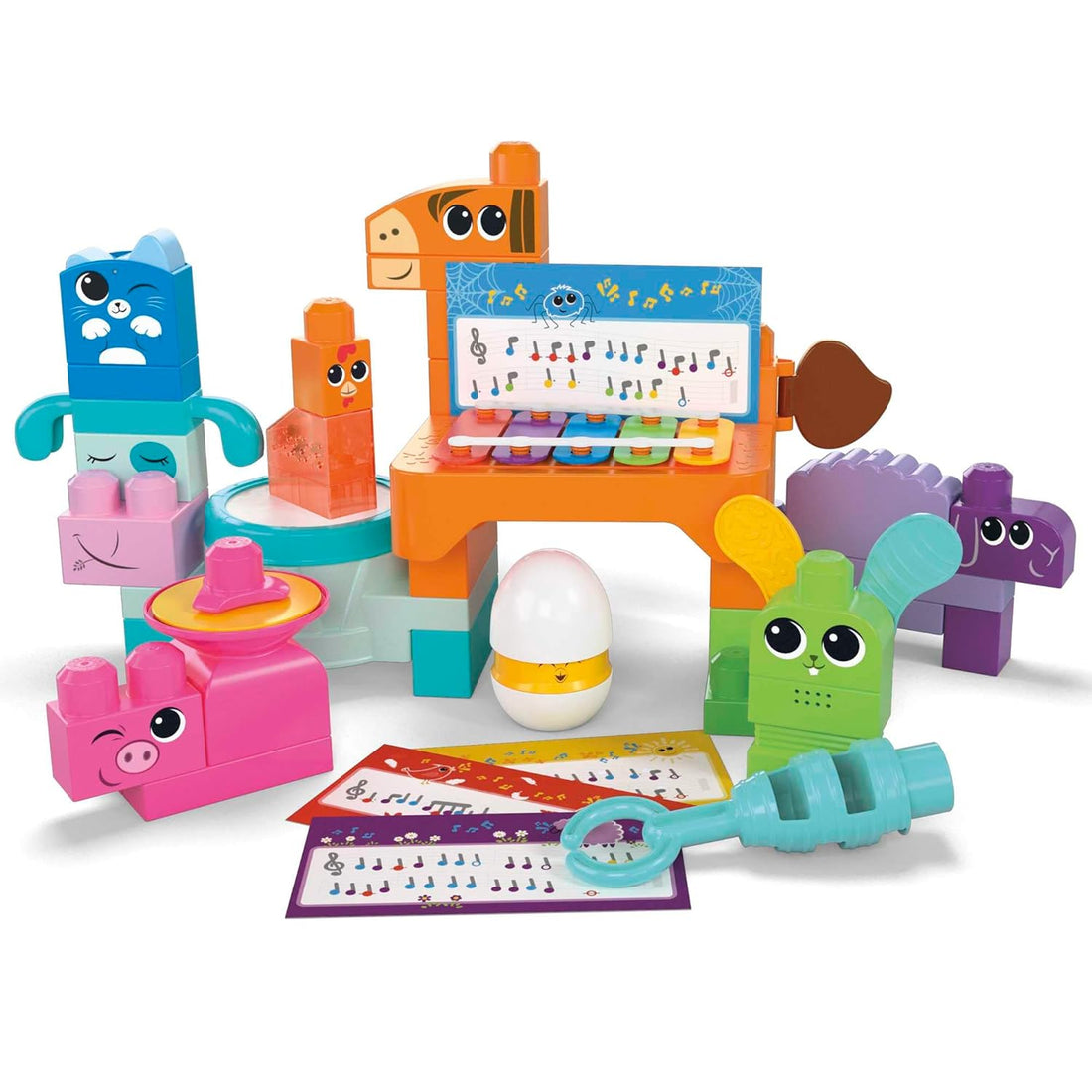 MEGA Blocks Fisher-Price sensorisches Bauspielzeugset, Musikspaß Bauernhoftiere mit 45 Bauklötzen für Kleinkinder und 6 Notenblättern, Geschenkideen für Kinder ab 1 Jahr, HPB46