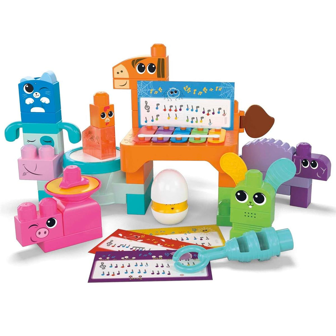 MEGA Blocks Fisher-Price sensorisches Bauspielzeugset, Musikspaß Bauernhoftiere mit 45 Bauklötzen für Kleinkinder und 6 Notenblättern, Geschenkideen für Kinder ab 1 Jahr, HPB46