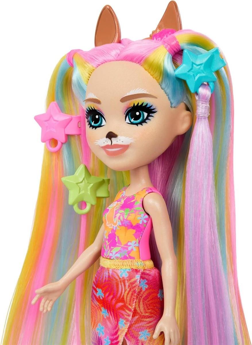 Enchantimals Puppen, Sunshine Beach Deluxe-Hair-Puppe und Tierfreund, kleine Puppe mit abnehmbarem Rock und Zubehör, Geschenke für Kinder, HTJ70