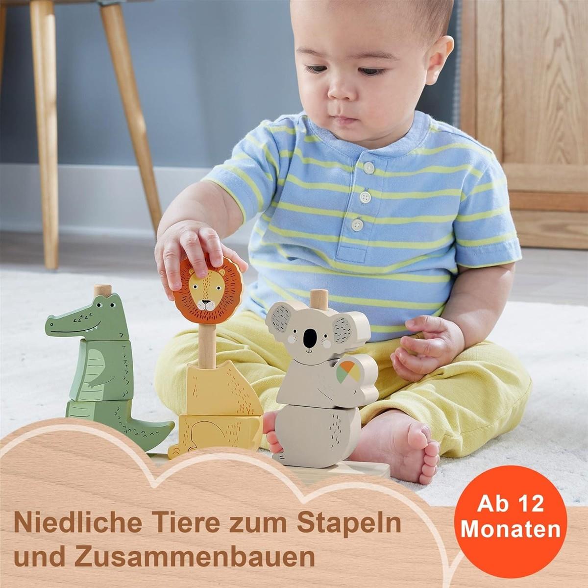 Fisher-Price Baby und Kleinkinder Stapel- und Sortiert-Tierwelt aus Holz, 10 Holzteile für die spielerische Entwicklung ab 1 Jahr, HXV04