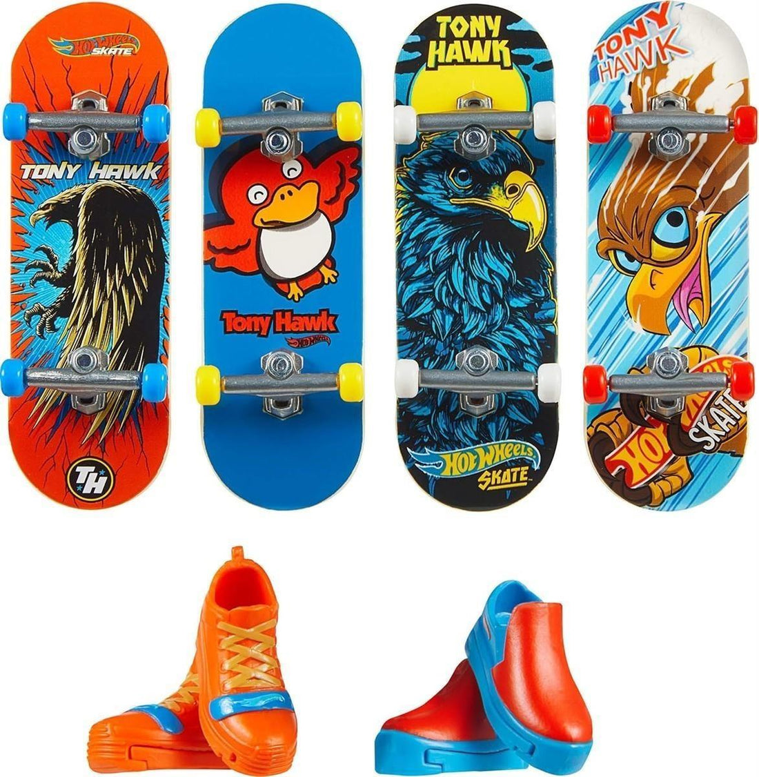 Hot Wheels Skate Tony Hawk Griffbrett & abnehmbare Skateschuhe, Multipack, 4 komplett montierte Boards, 2 Paar Skateschuhe, 1 exklusives Set