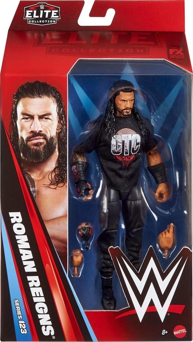 Mattel WWE Elite Actionfigur und Zubehör, Serie #123 Set, ca. 15 cm große Sammelfigur Roman Reigns mit 25 Bewegungspunkten und austauschbaren Händen, JHT62