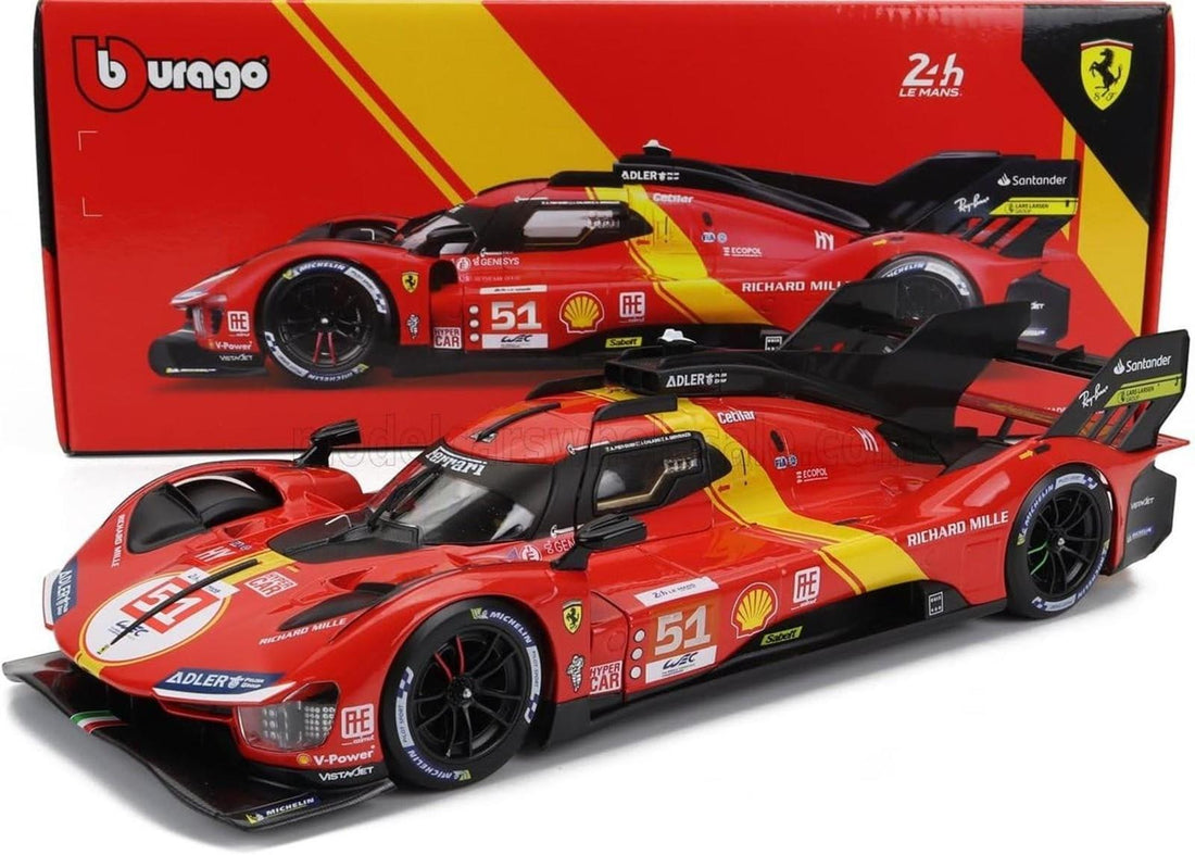 Bburago - 1/18 Ferrari Racing - 499P LMH 2023#51 - Rot - Neuheit 2024: Metallnachbildung - detaillierter Innenraum - Türen und Haube zum Öffnen im Maßstab 1:18. - Gewinner der 24h von Le Mans 2023