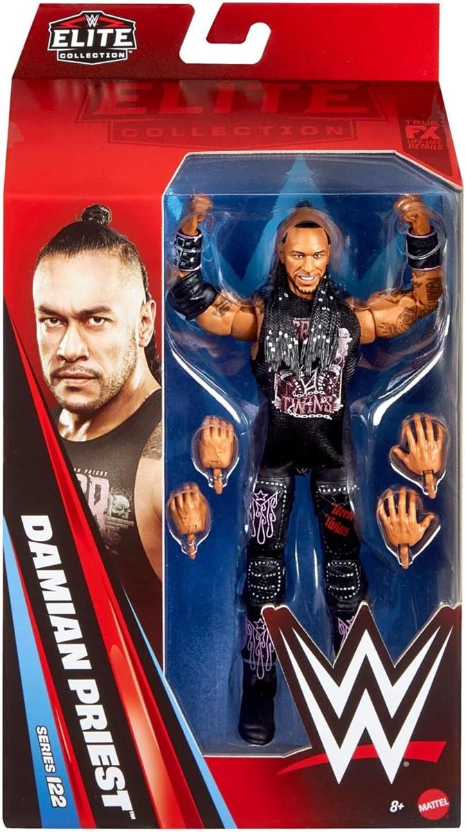 Mattel WWE Elite Actionfigur und Zubehör, Serie #122 Set, ca. 15 cm große Sammelfigur Damian Priest mit 25 Bewegungspunkten und austauschbaren Händen, JHT53