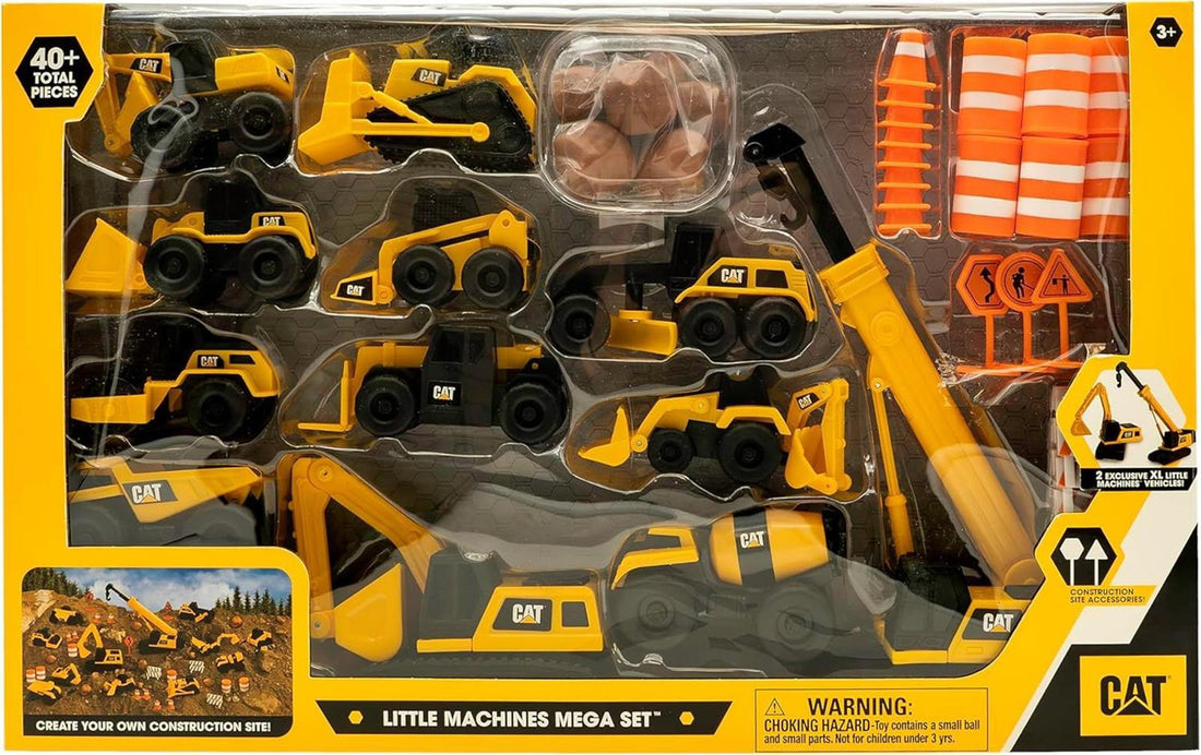 CAT® Construction Little Machines Mega-Set I Mit 40 Teilen I Enthält Fahrzeuge, einen Kran, Verkehrsschilder, Kegel, Blöcke und Zylinder I Für Kinder ab 3 Jahren, Yellow, 1:64