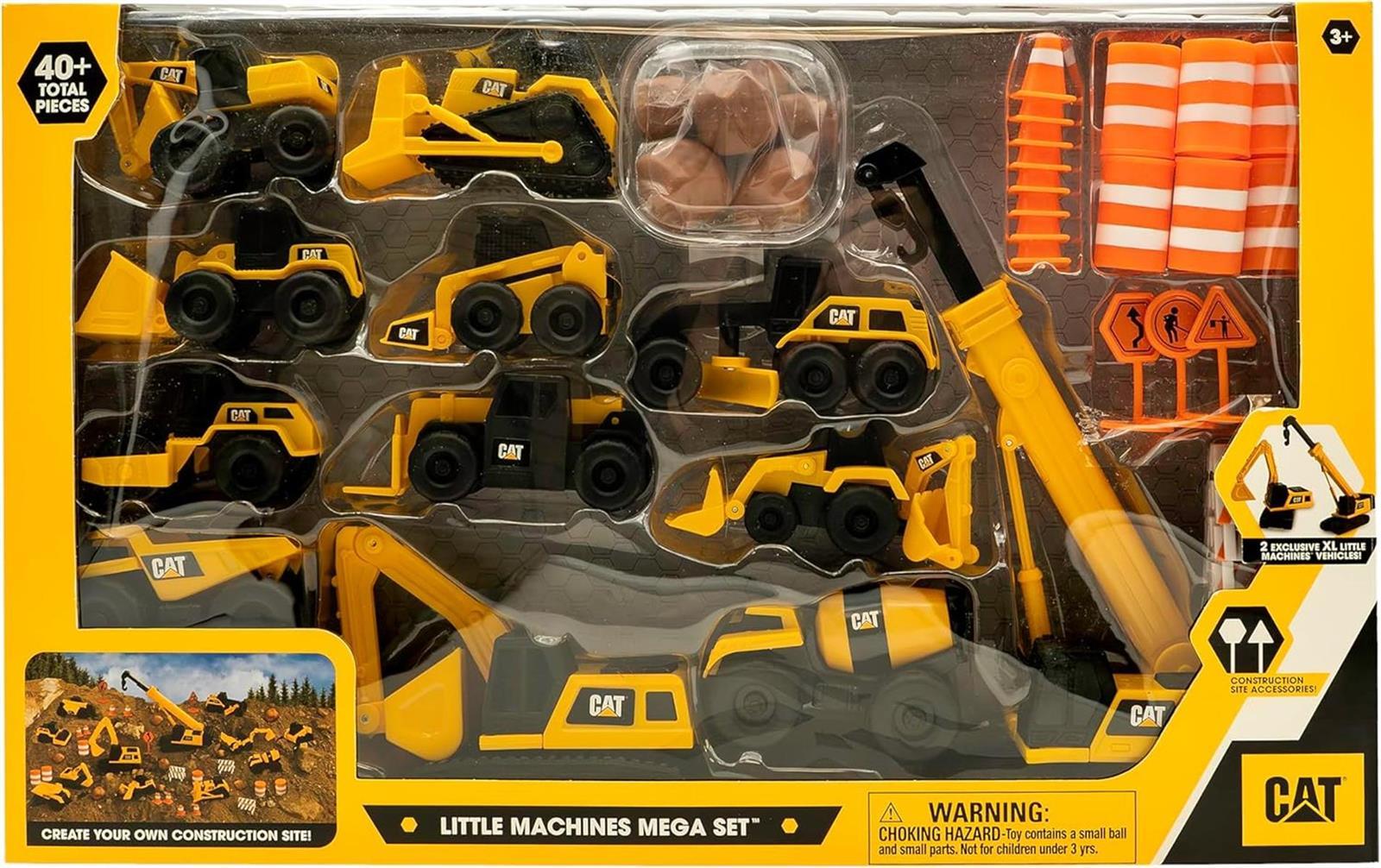 CAT® Construction Little Machines Mega-Set I Mit 40 Teilen I Enthält Fahrzeuge, einen Kran, Verkehrsschilder, Kegel, Blöcke und Zylinder I Für Kinder ab 3 Jahren, Yellow, 1:64