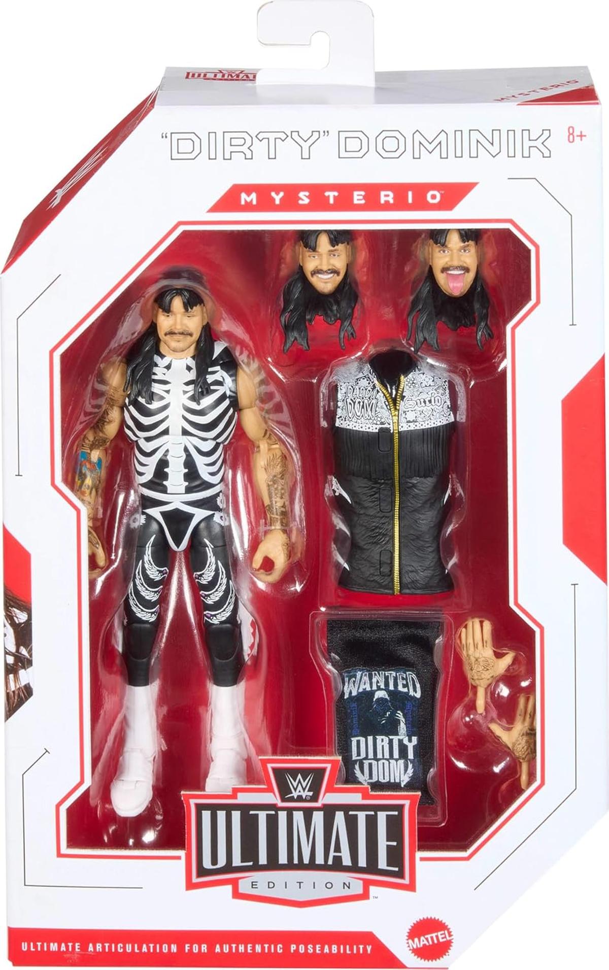 Mattel WWE Ultimate Edition Actionfigur und Zubehör im Set, ca. 15 cm große Dirty Dominik Mysterio Sammelfigur mit austauschbaren Köpfen und Händen und 30 Bewegungspunkten, JHV90