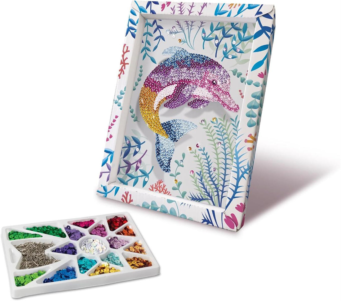 Lansay - COLLECTION SEQUINS - Delfin - Paillettenbild Bastelset für Kinder ab 7 Jahren - DIY Glitzermosaik inkl. Rahmen, bunten Pailletten & Nadeln - Kreative Zimmerdeko & Basteln Geschenkidee