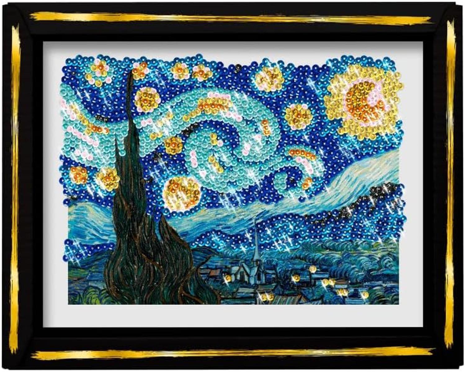 Lansay - COLLECTION SEQUINS - Die Sternennacht - Van Gogh - Gestalte ein glitzerndes Sequin-Bild von Van Gogh - Inklusive Aufbewahrungsfach - Kreative Aktivität für Erwachsene - Ab 14 Jahren