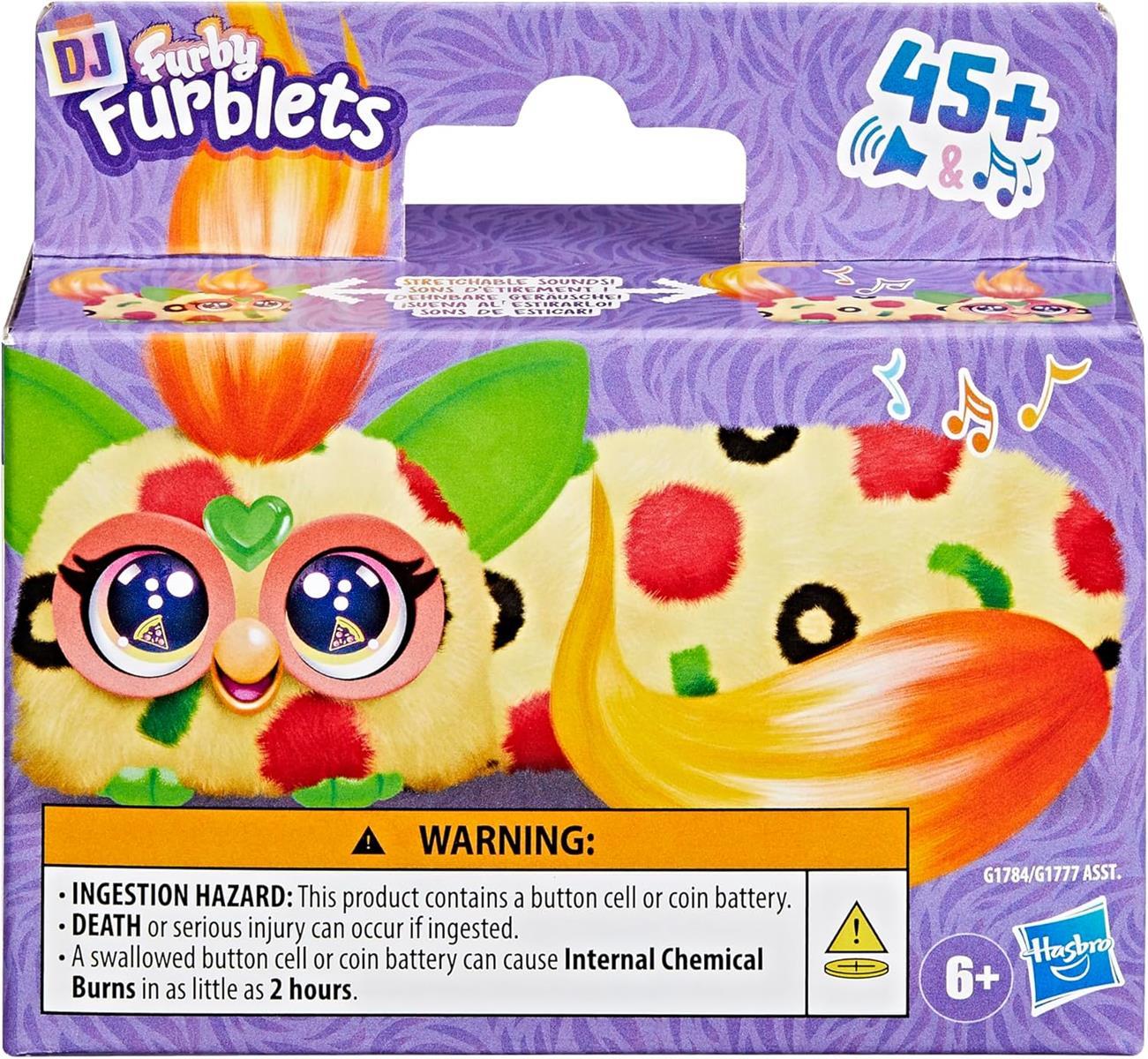 Furby DJ Furblets Pepp-Oh-Roni gelb-gemustertes elektronisches Plüschspielzeug Macht Musik, Geräusche und spricht Furbisch, Stofftier für Kinder ab 6 Jahren mit Schlüsselanhänger