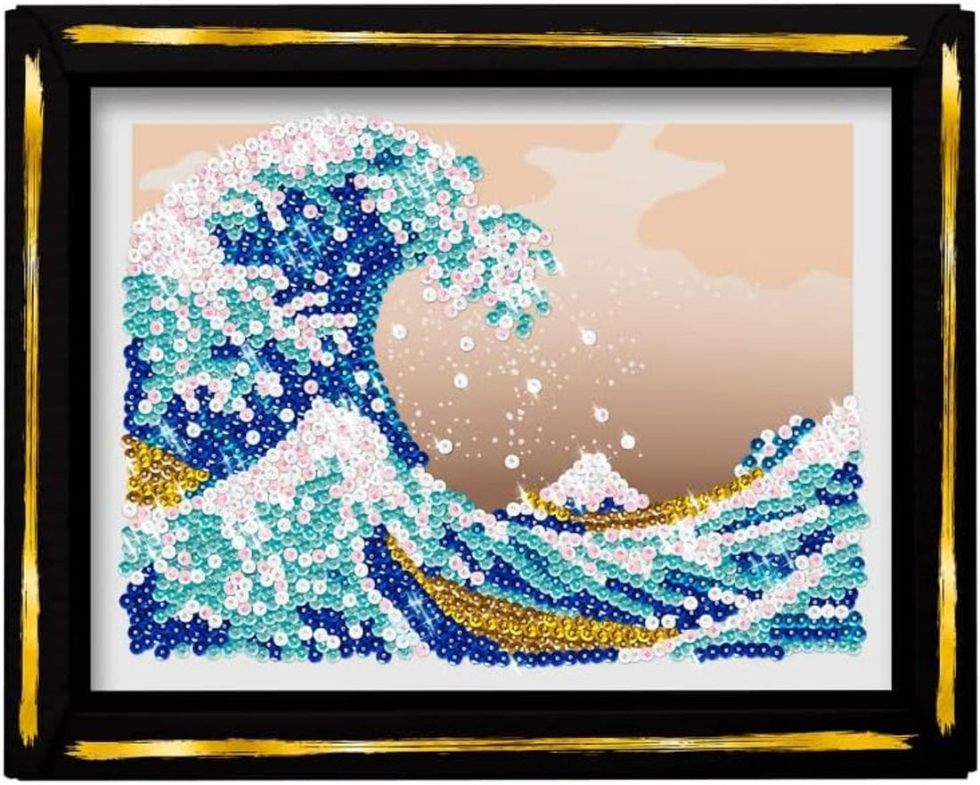 Lansay - COLLECTION SEQUINS - Hokusai Die Große Welle - Paillettenbild für Erwachsene & Jugendliche ab 14 Jahren - DIY Kunst-Set mit 1000+ Pailletten, Rahmen & Nadeln - Edle Wanddeko Geschenkidee
