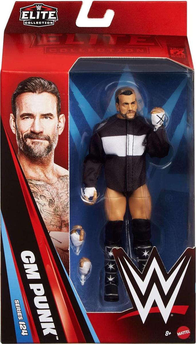 Mattel WWE Elite Actionfigur und Zubehör, Serie #124 Set, ca. 15 cm große Sammelfigur cm Punk mit 25 Bewegungspunkten und austauschbaren Händen, JHT70