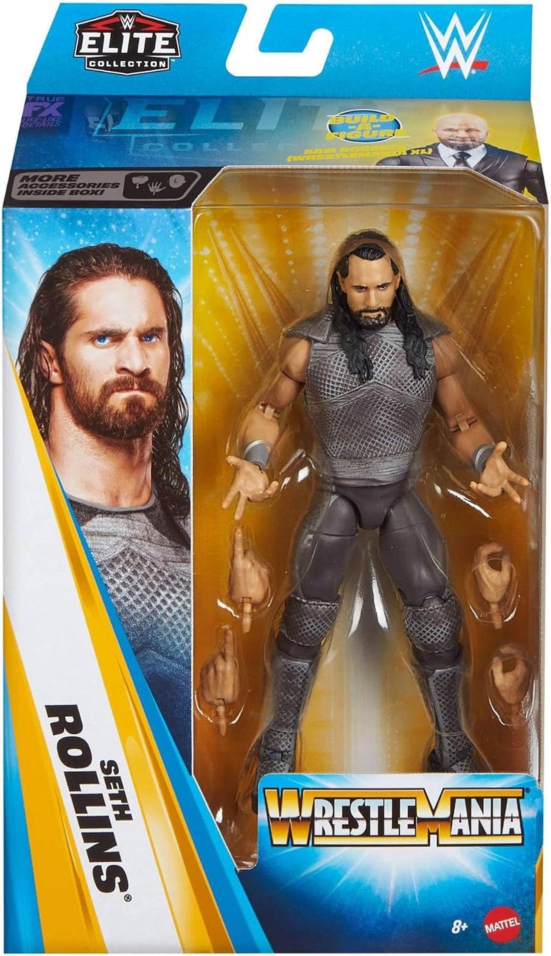 Mattel WWE Elite Collection Actionfigur und Zubehör, Premium Live-Event Seth Rollins-Set, Survivor Series mit Sam Roberts-Bauteilen, JHX75