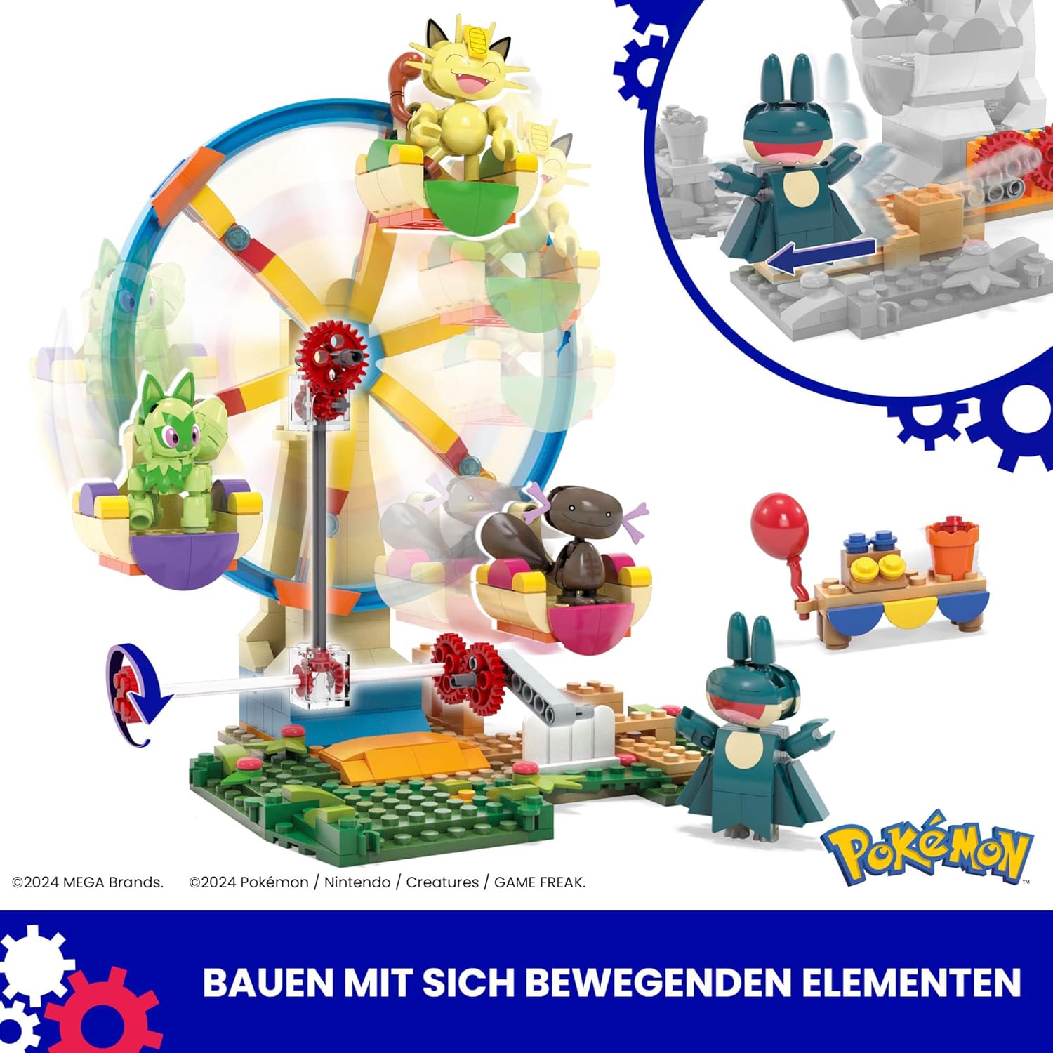 MEGA Pokémon Actionfigur Bauspielzeug, Spaß auf dem Riesenrad mit 393 Teilen und beweglichem Felori, Mampfaxo, Mauzi und Felino, für Kinder, HXF80