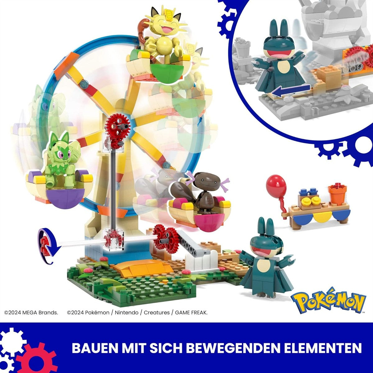 MEGA Pokémon Actionfigur Bauspielzeug, Spaß auf dem Riesenrad mit 393 Teilen und beweglichem Felori, Mampfaxo, Mauzi und Felino, für Kinder, HXF80