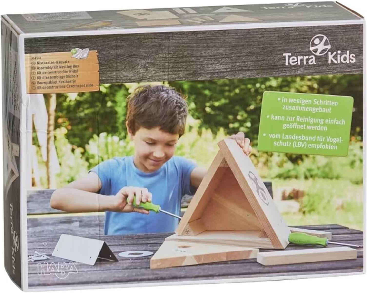 HABA 304544 - Terra Kids Nistkasten - Bausatz, Bausatz und Anleitung zum Selber Bauen eines Nistkastens für Kinder (28,5 x 40 x 28,5 cm), zum Beobachten von Vögeln