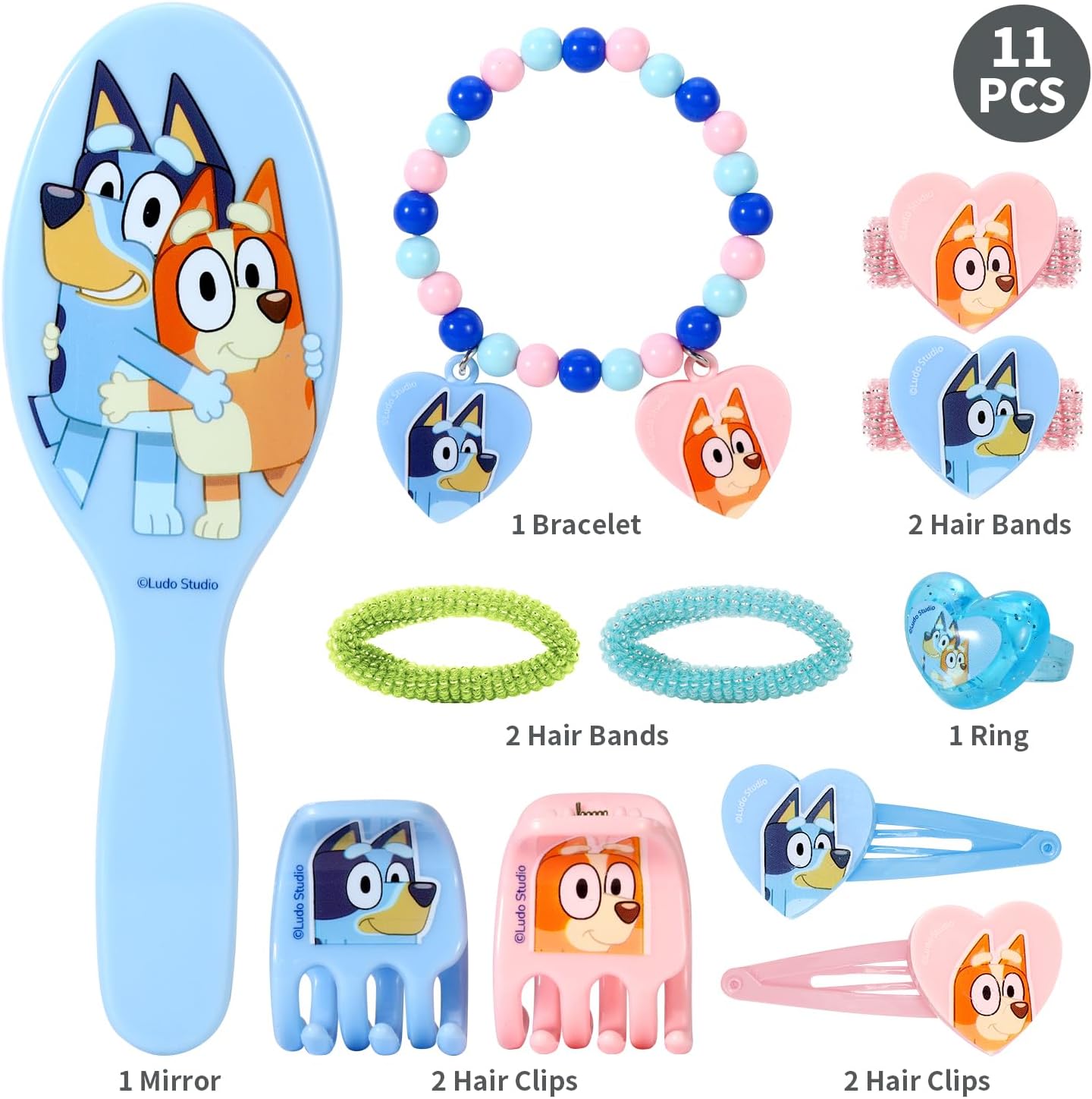 Bluey 11-teiliges Haarschmuck-Set für Mädchen und Kinder, Haar-Accessoires, Clips, Kammbänder und Schönheitsset