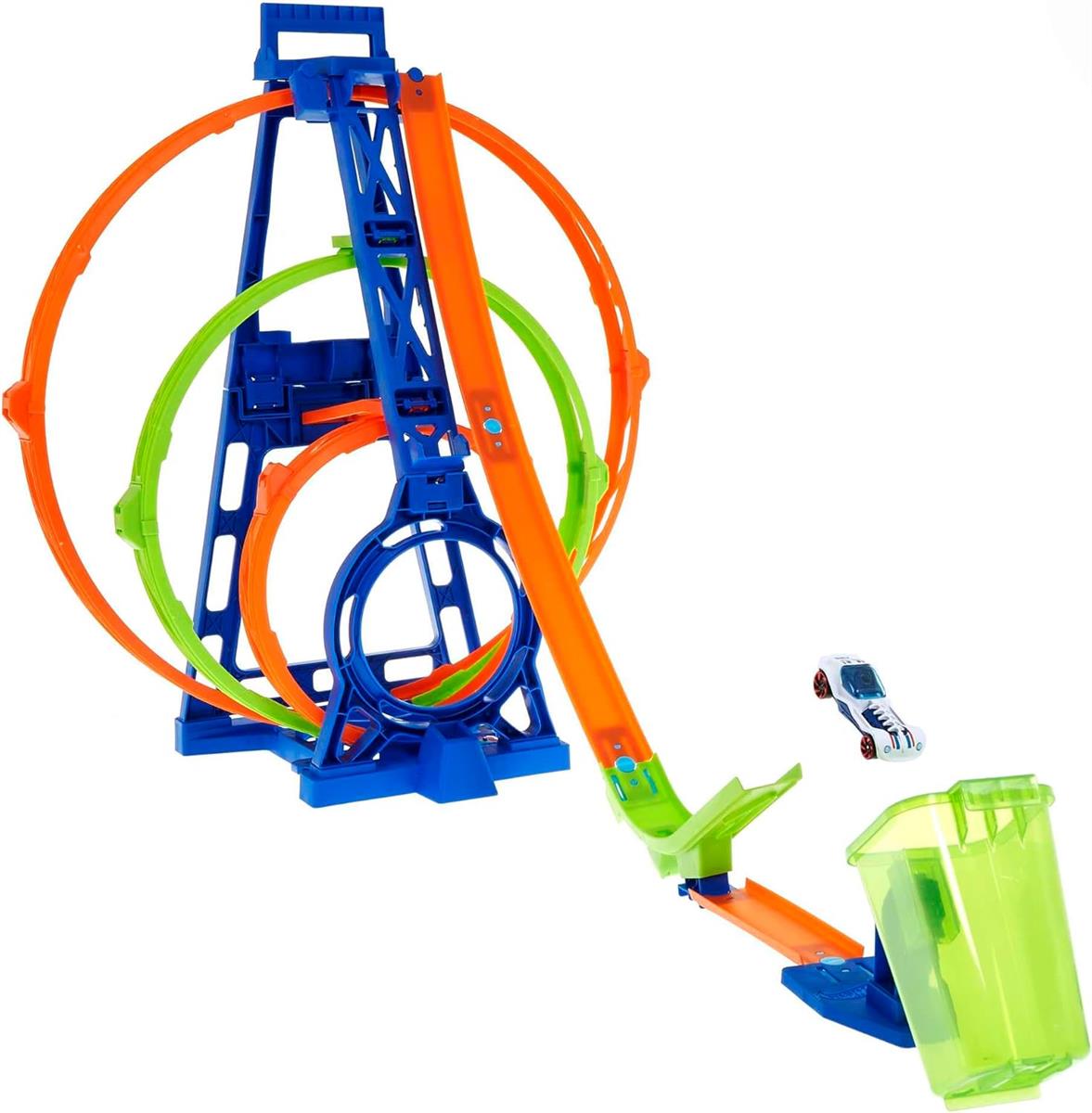 Hot Wheels Bahn Triple Looping, Autorennbahn Bauset für Hot Wheels Autos, mit 3 Looping Tracks, inkl. 1 Spielzeugauto, zusammenklappbar, Auto Spielzeug, Spielzeug ab 6 Jahre, HMX38