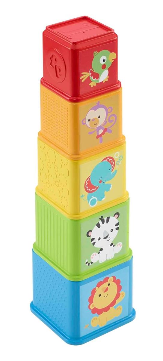 Fisher-Price Stack & Explore Blocks - 5 Würfel mit Strukturen, Figuren, Zahlen und Gegenständen zum Stapeln, Ineinanderstecken und Entdecken, für Kinder ab 6 Monaten, CDC52