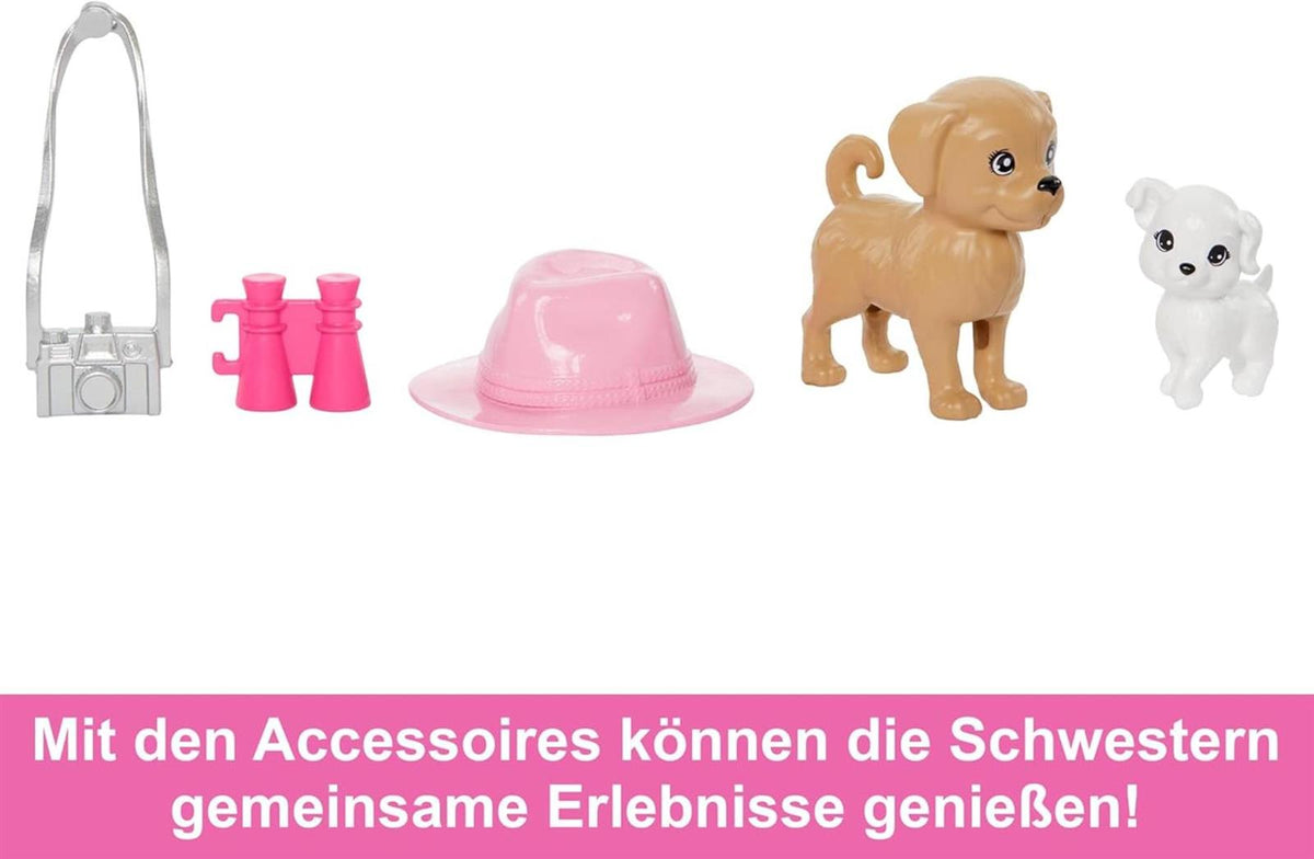 Barbie und jüngere Schwester Stacie - Sorgen für Geschwisterabenteuer in sommerlicher Kleidung und Accessoires, inklusive Kamera, Fernglas, Sommerhut und Zwei Hündchen, für Kinder ab 3 Jahren, HRM09