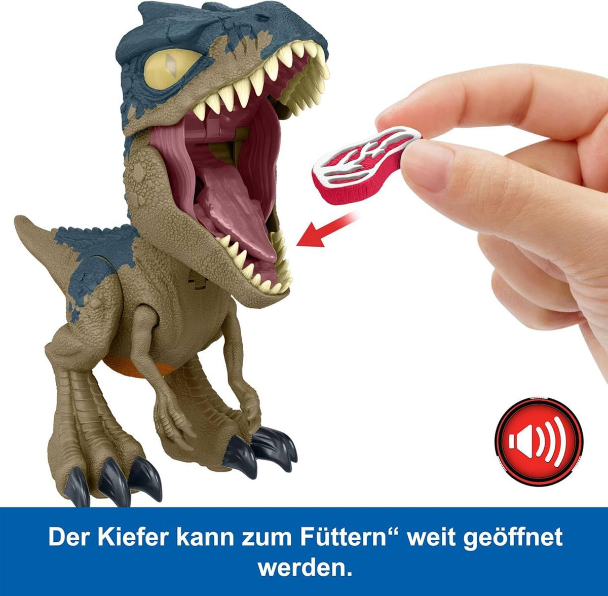 Mattel Jurassic World: Die Chaostheorie Netflix - Chomp Chomp“ Gigantisches Gebrüll Allosaurus Dinosaurier-Spielzeug mit Geräusch und dehnbaren Sehnen am Kiefer, zunehmenden Brüllstufen, HVB45