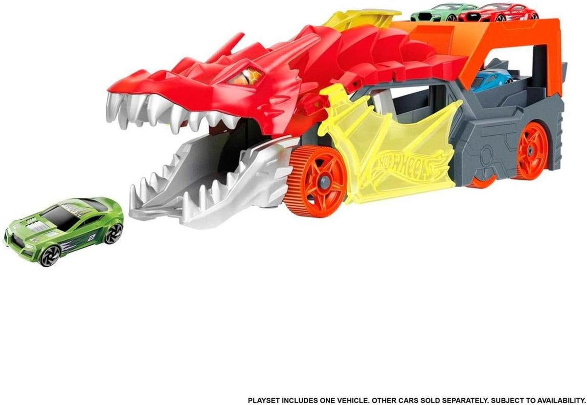 Hot Wheels City Spielzeugauto Track-Set, Drachen-Starter-Transporter und Auto im Maßstab 1:64, schießt Fahrzeuge aus Maul des Biests, zur Aufbewahrung von bis zu 5 Fahrzeugen