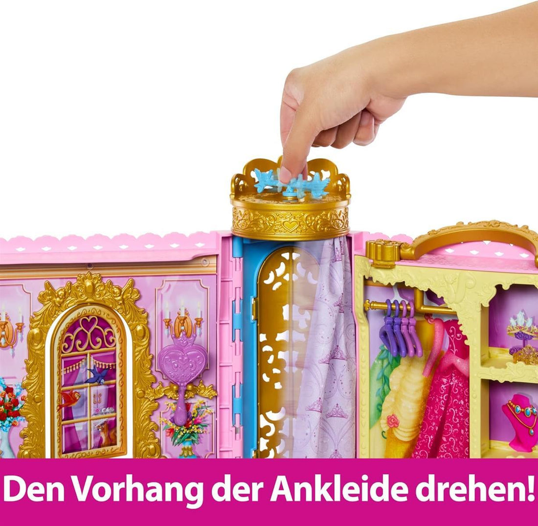 Mattel Disney Prinzessin-Schrankspielset mit 2 Kleidungsstücken, 25 Zubehörteilen, Frisiertisch, Ankleidezimmer, Laufsteg und Aufbewahrung, erweiterbar auf bis zu ca. 60 cm, vom Film inspiriert HXC20