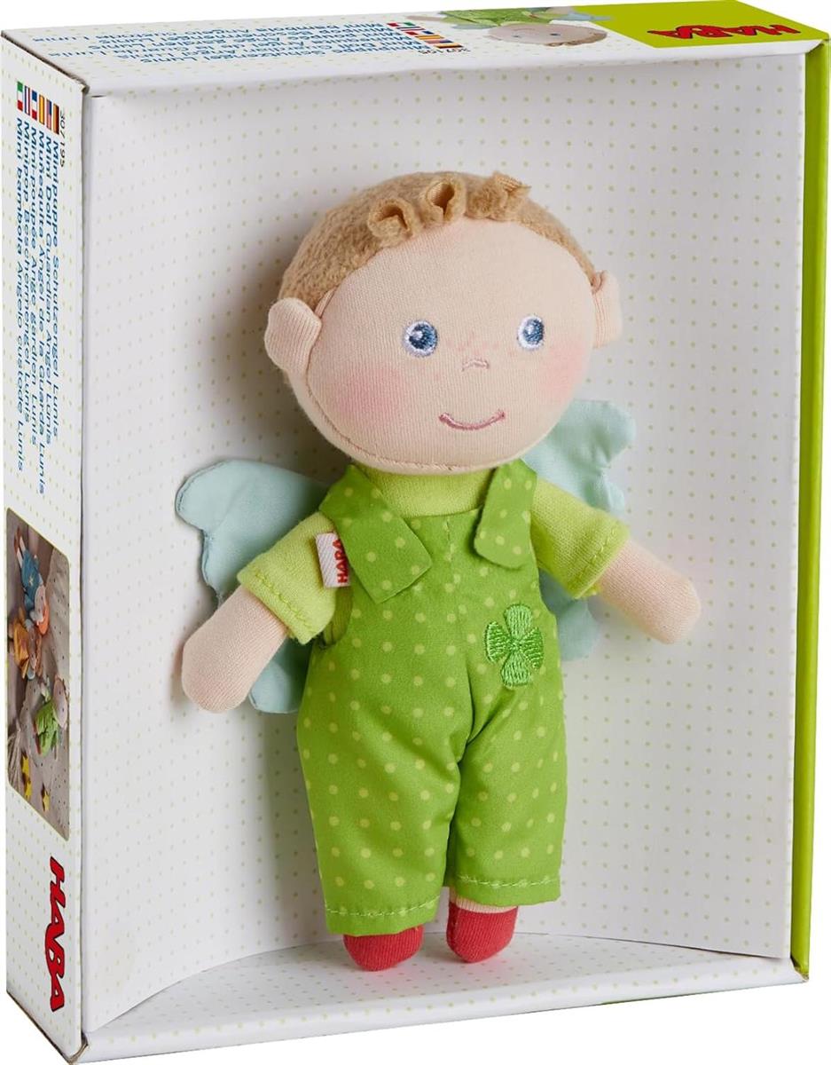 HABA Minipuppe Schutzengel Lunis – Weiche 17 cm Stoffpuppe für Babys zur Geburt, Abnehmbare und waschbare Kleidung – 1307195001