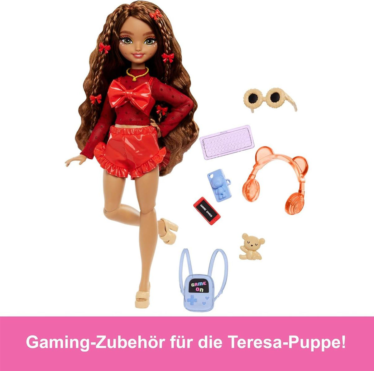 Barbie Dream Besties Puppe und Accessoires, bewegliche Teresa-Modepuppe mit braunem Haar und Haarspangen, 10 Teile zum Thema Videospiele, HYC23