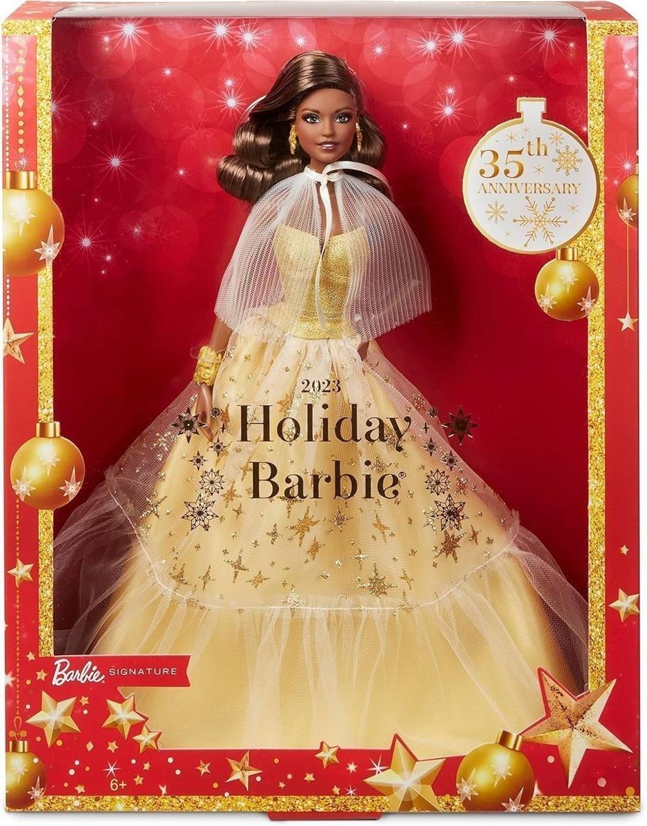 Barbie Signature - 2023 Holiday Puppe 35. Jubiläumsedition mit goldenem Kleid und dunkelbraunes Haar, Echtheitszertifikat, saisonales Sammlergeschenk für Kinder ab 6 Jahren, HJX05